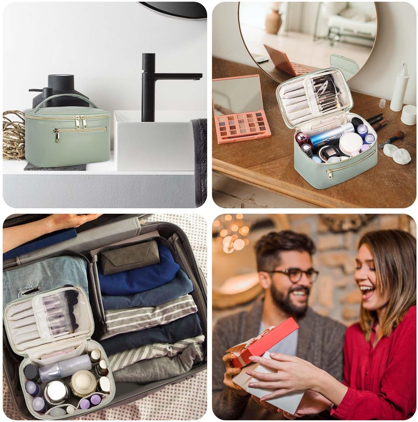 Makeup Bag, Travel Make up Organizer Cosmetic Brush Bags Case for Women in Vegan Leather, Sage Green, Patent Pending - TechNova