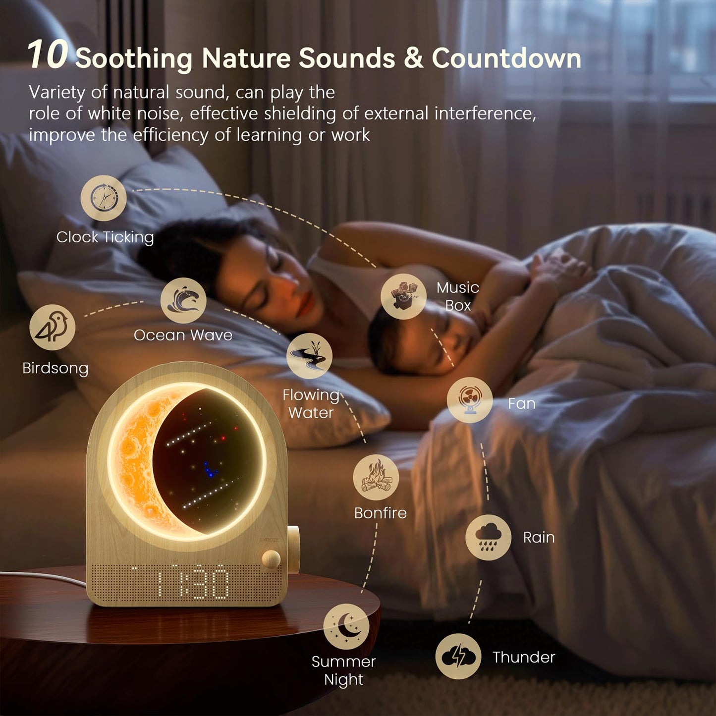 Sunrise Alarm Clocks for Bedrooms, Stepless Dimmable Moon Lamp Dual Alarm Clock Wake Up Light with 12Levels Volume for Heavy Sleepers, 10 Natural Sounds with Timer, Gifts for Women - TechNova