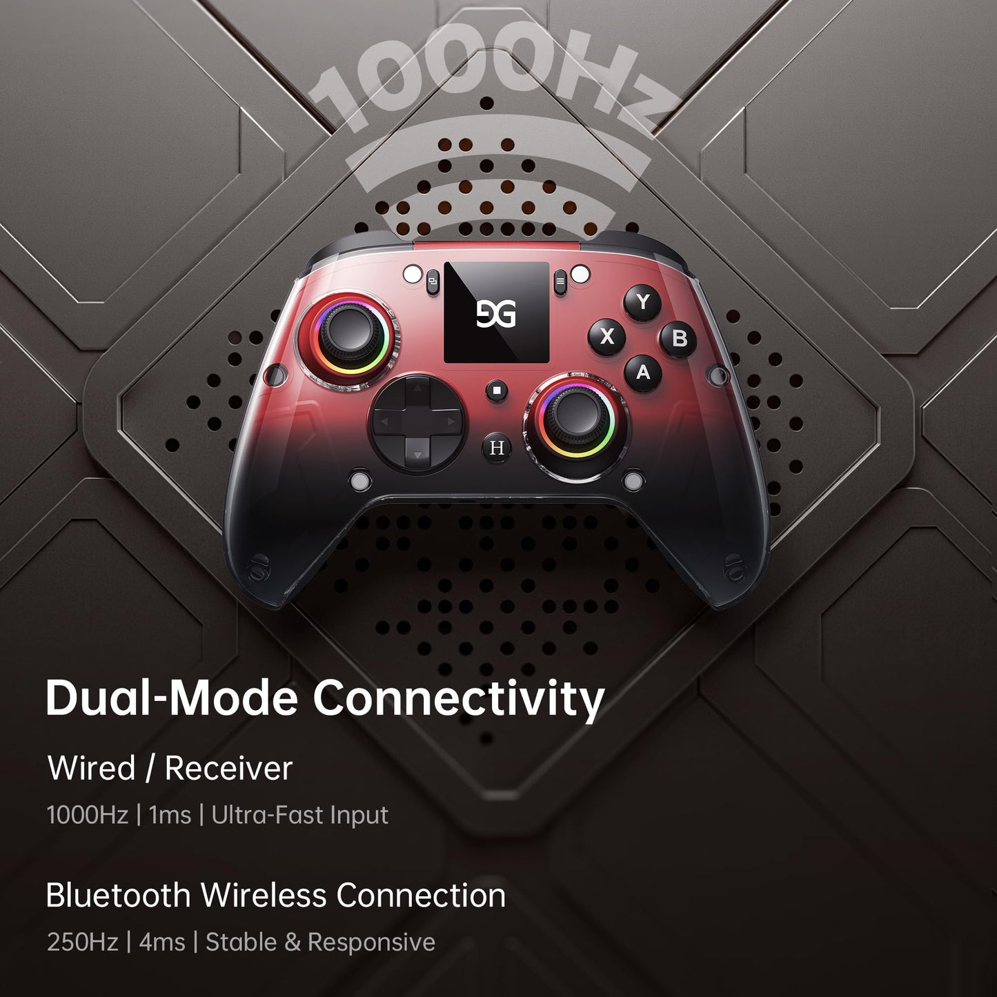 GUSGU G7 Wireless Gaming Controller with Interactive Screen, 1000Hz Polling Rate, Hall Joysticks & Triggers, 4 Programmable Buttons, Compatible with PC, Switch1, PS4, iOS, Android, Red - TechNova