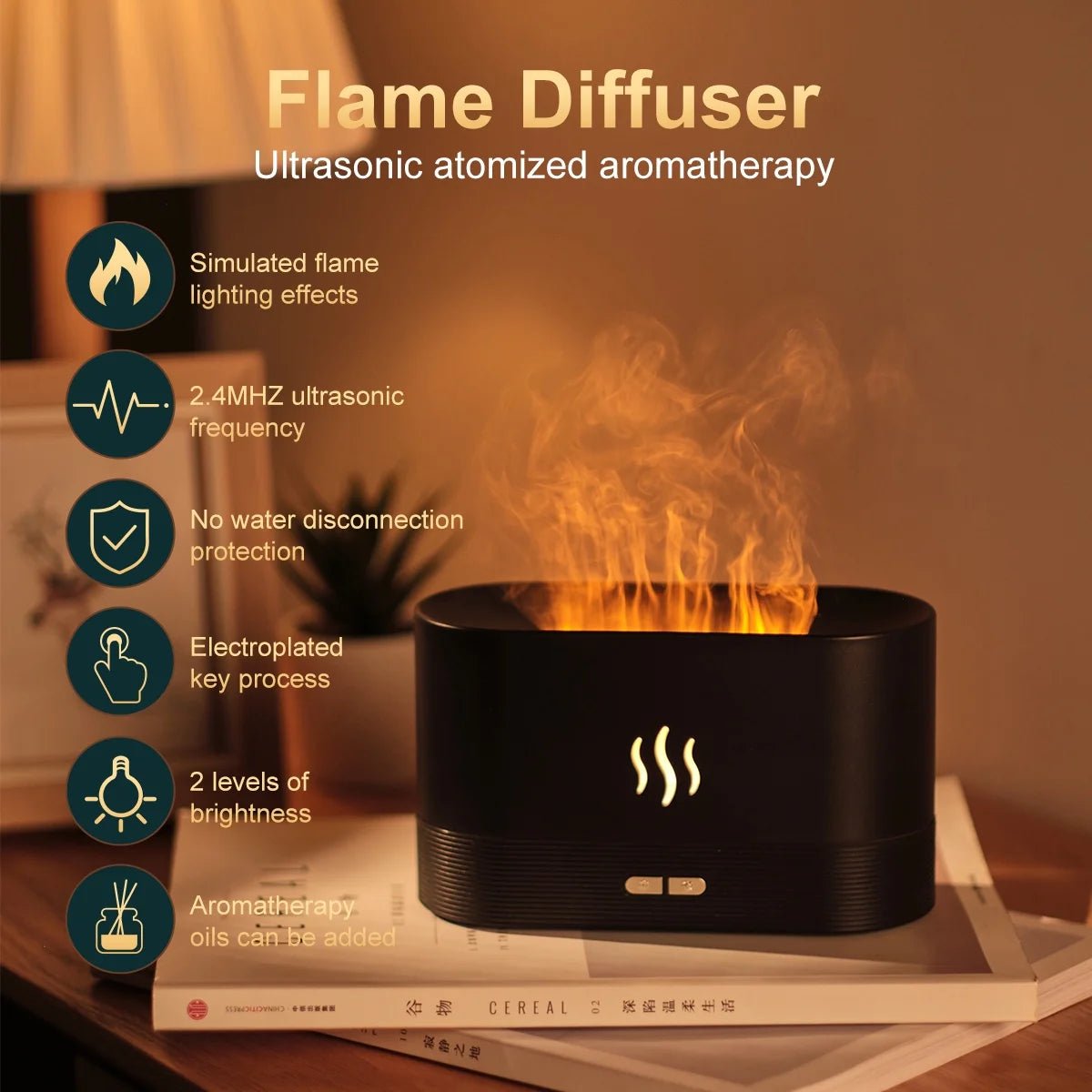 Ultrasonic Humidifier with 7 Colors Flame Lights, Essential Oil Diffuser, White - TechNova