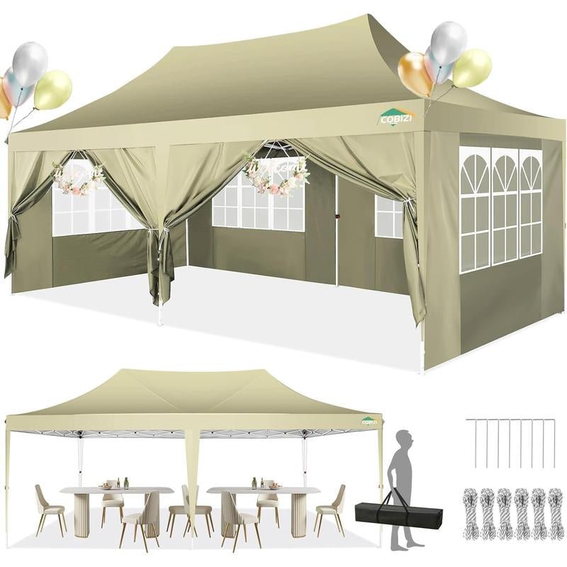 COBIZI 10X20 Pop up Outdoor Commercial Party Tent, Waterproof with 6 Sidewalls, Luxury Camping Tent for Adults,Springtok - TechNova