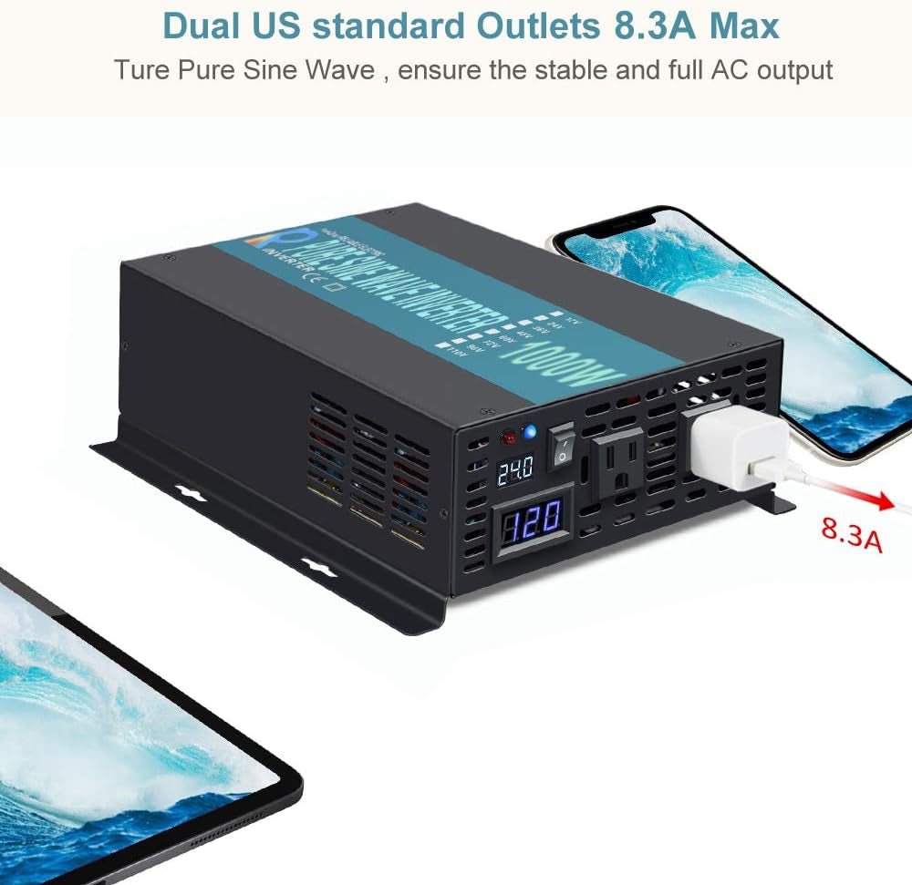 1000W Pure Sine Wave Solar Power Inverter 24V 120V 60Hz Power Converter LED Display DC to AC Power Generator with Wireless 100Ft Remote Controller - TechNova