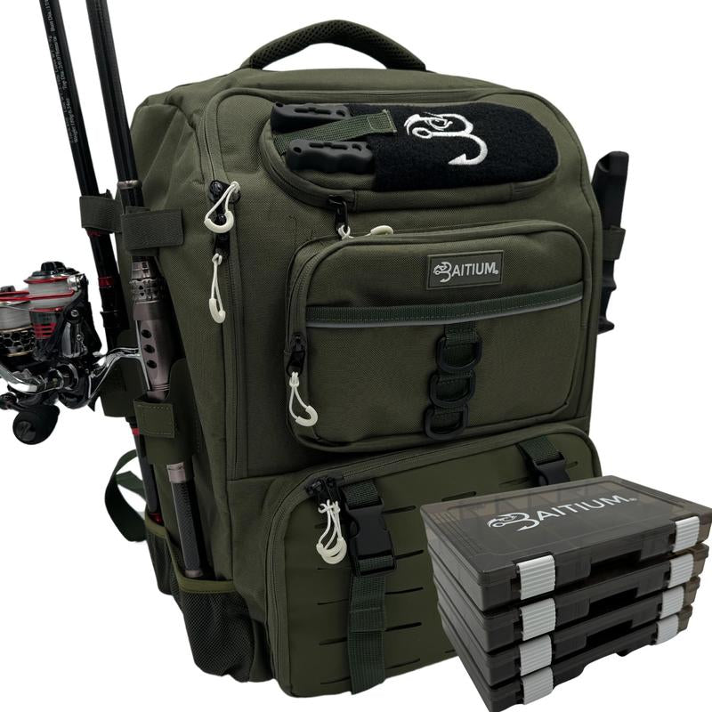 Baitium Fishing Tackle Backpack with Tackle Trays, Rod Holders, and Cooler Pocket - TechNova