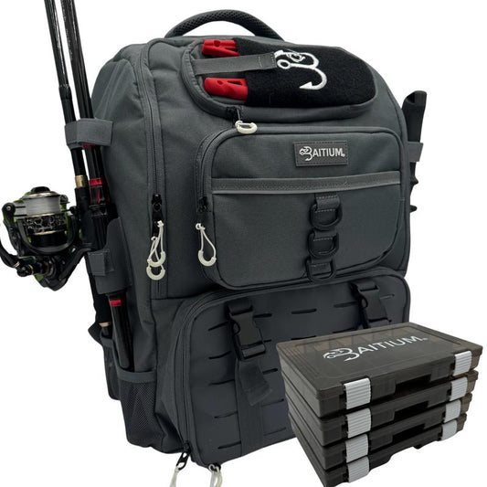 Baitium Fishing Tackle Backpack with Tackle Trays, Rod Holders, and Cooler Pocket - TechNova