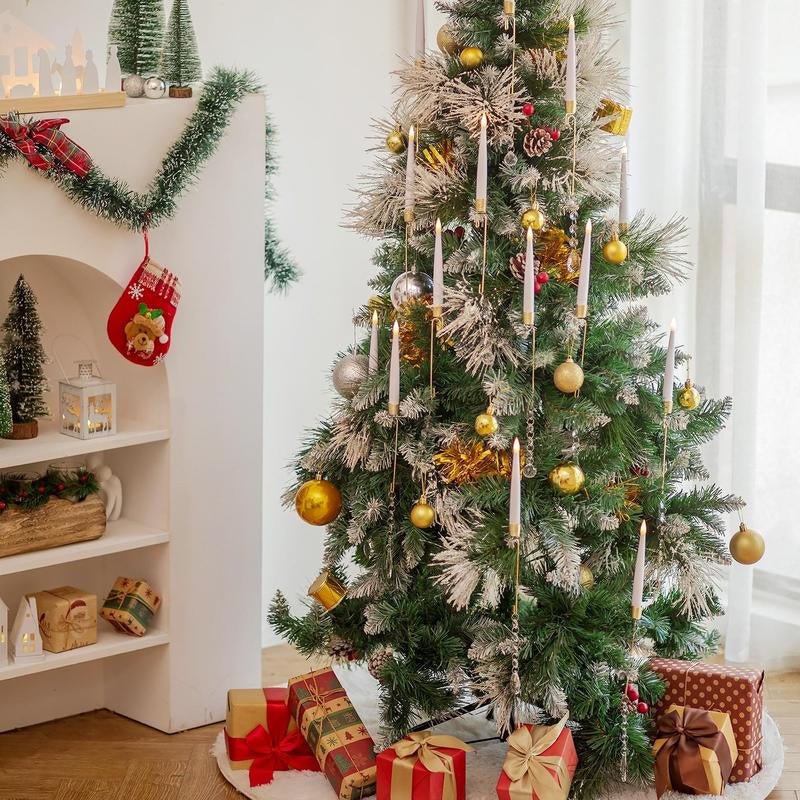 Set of 10 Flameless Christmas Tree Taper Candles with Timer and Hanging Crystal Ornaments for Holiday Decor - TechNova