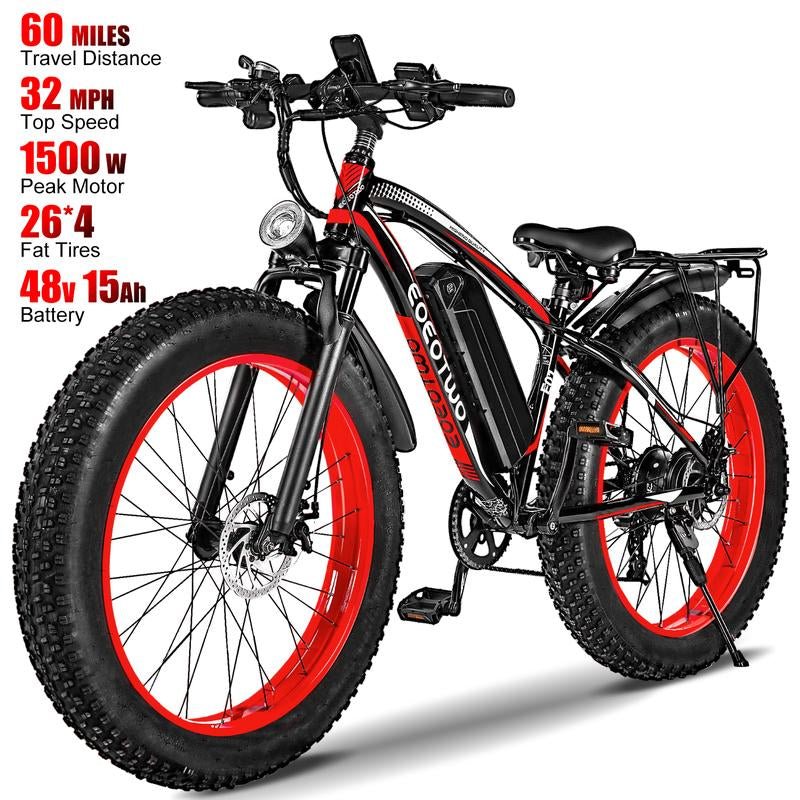 EOEOTWO 1500W Peak Motor Electric Bicycle, with Front Suspension Design, 48V 15AH Electric Mountain Bike, 26"X 4.0 Inch Tires, Maximum Speed up to 30+ Miles per Hour, Range of 70 Miles, Suitable for Snow, Mountain and Road Riding, Electric Bicycle. - TechNova