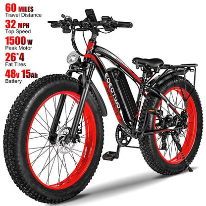 EOEOTWO 1500W Peak Motor Electric Bicycle, with Front Suspension Design, 48V 15AH Electric Mountain Bike, 26"X 4.0 Inch Tires, Maximum Speed up to 30+ Miles per Hour, Range of 70 Miles, Suitable for Snow, Mountain and Road Riding, Electric Bicycle. - TechNova