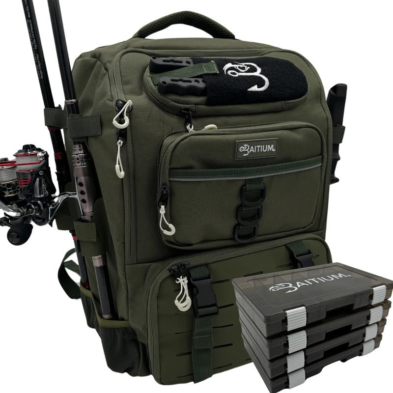 Baitium Fishing Tackle Backpack with Tackle Trays, Rod Holders, and Cooler Pocket - TechNova