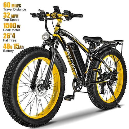 EOEOTWO 1500W Peak Motor Electric Bicycle, with Front Suspension Design, 48V 15AH Electric Mountain Bike, 26"X 4.0 Inch Tires, Maximum Speed up to 30+ Miles per Hour, Range of 70 Miles, Suitable for Snow, Mountain and Road Riding, Electric Bicycle. - TechNova