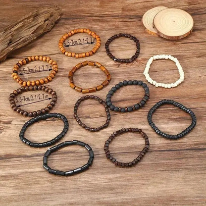 24Pcs/Set Men'S Retro Trendy Multi - Layer Bracelet Set, Versatile Elastic Thread Wooden Bead Bracelet - TechNova