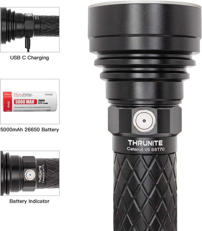 Catapult V6 SST70 USB - C Rechargeable Flashlight, 2836 Lumens, 692M Long Beam Distance, High - Performance LED Searchlight for Tactical, Camping, and Hiking, Black, Cool White - CW - TechNova