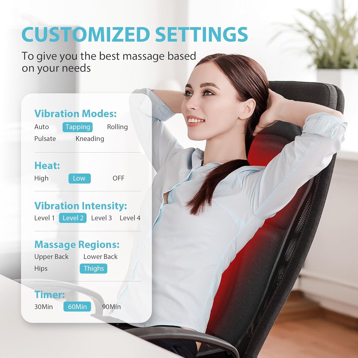 Heated Back Massager Chair Pad - 4 Vibrations, 2 Heat Levels, Pain Relief. Perfect Christmas Gift! - TechNova