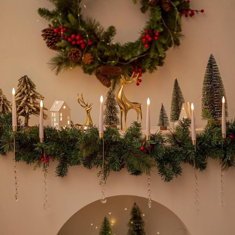 Set of 10 Flameless Christmas Tree Taper Candles with Timer and Hanging Crystal Ornaments for Holiday Decor - TechNova