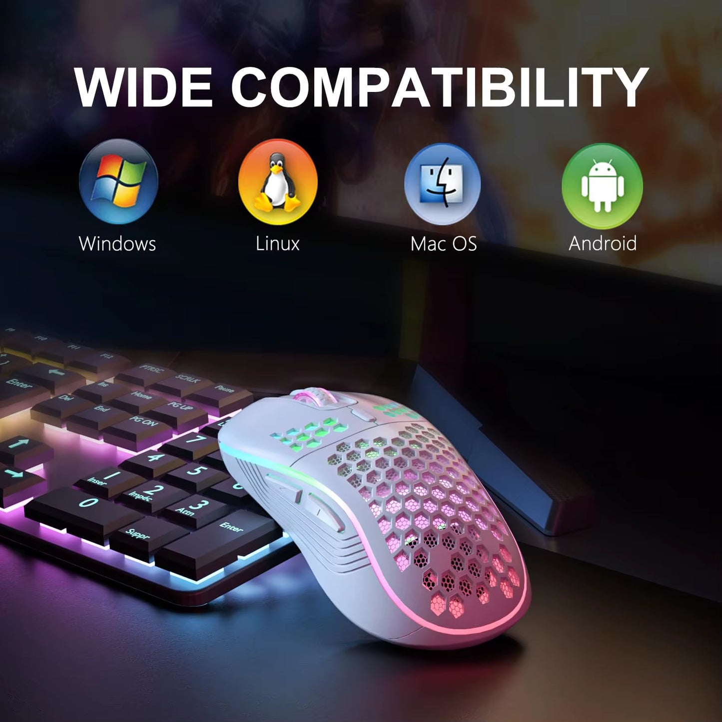 2.4GHz Wireless RGB Backlit Gaming Mouse with 6 Buttons, 3 - Speed DPI, Type C Rechargeable, Ergonomic Honeycomb Design - TechNova