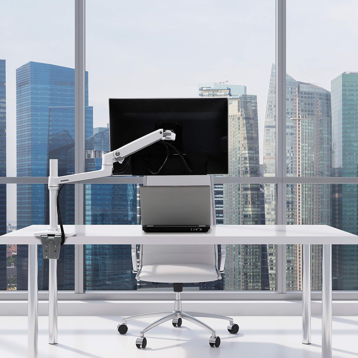 White Tall Pole Ultrawide Monitor Arm Desk Mount - Fits 34" Curved Monitors, VESA 75x75mm/100x100mm - TechNova