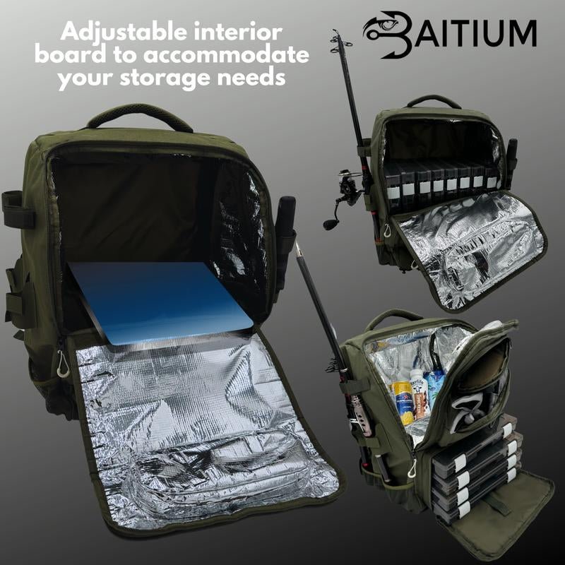 Baitium Fishing Tackle Backpack with Tackle Trays, Rod Holders, and Cooler Pocket - TechNova