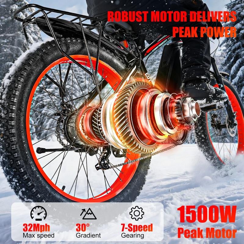 EOEOTWO 1500W Peak Motor Electric Bicycle, with Front Suspension Design, 48V 15AH Electric Mountain Bike, 26"X 4.0 Inch Tires, Maximum Speed up to 30+ Miles per Hour, Range of 70 Miles, Suitable for Snow, Mountain and Road Riding, Electric Bicycle. - TechNova