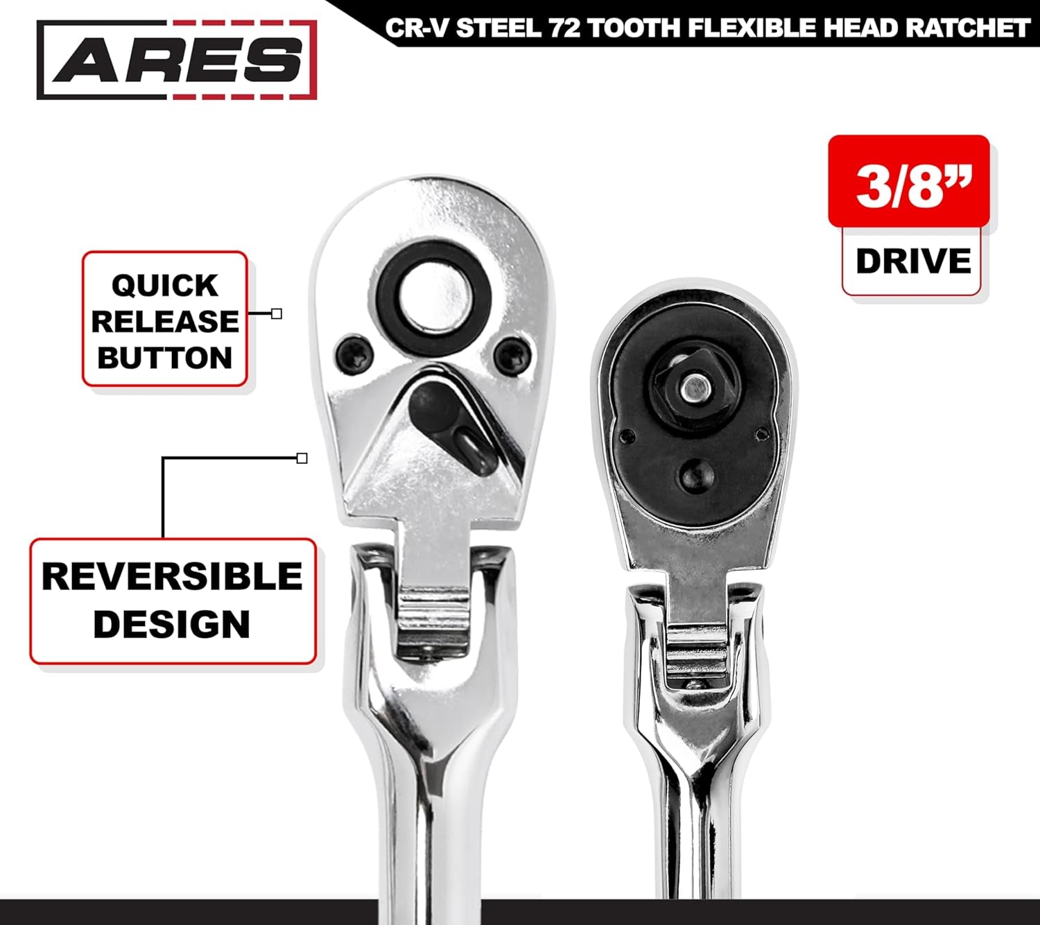 Premium Chrome Vanadium Steel Flex Head Ratchet - Quick Release Design - 3/8-Inch Drive - TechNova