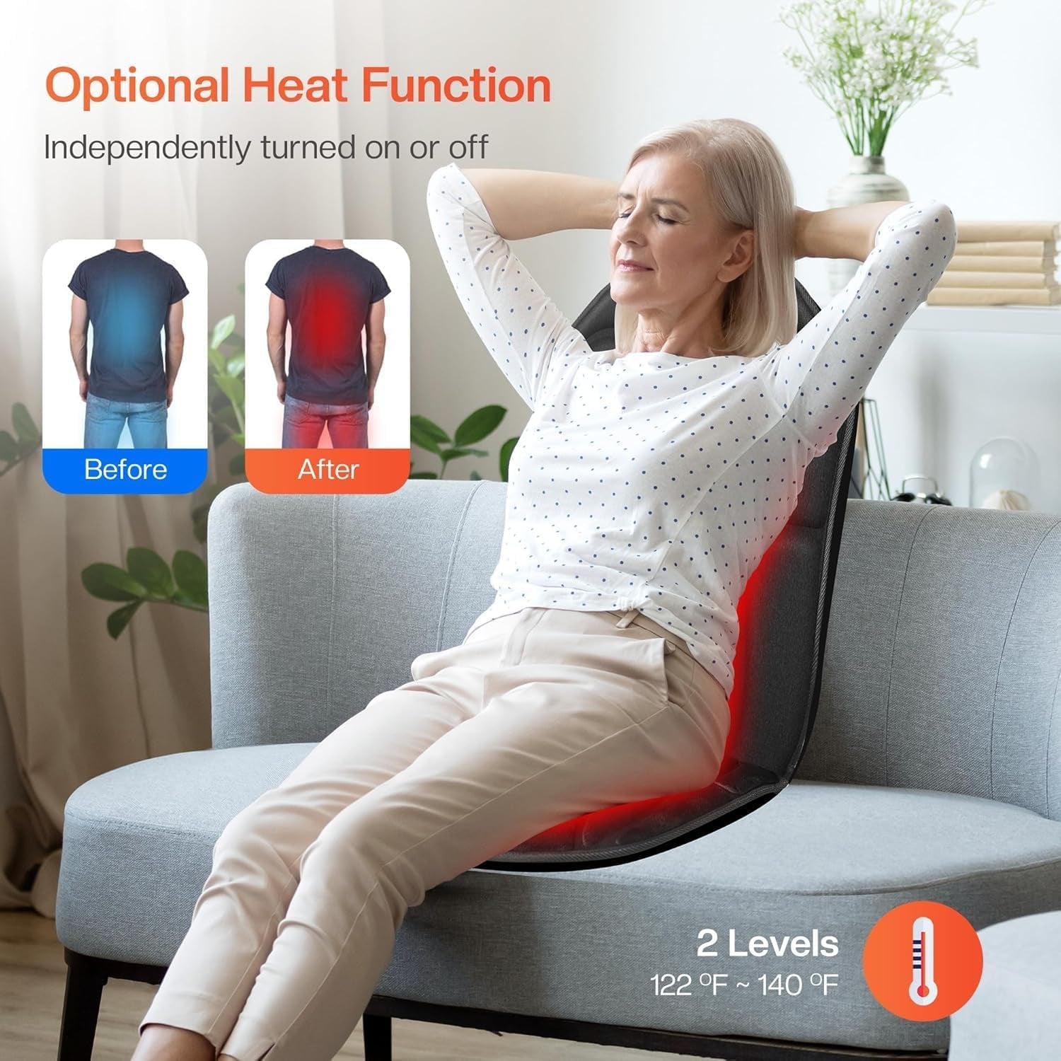 Heated Back Massager Chair Pad - 4 Vibrations, 2 Heat Levels, Pain Relief. Perfect Christmas Gift! - TechNova