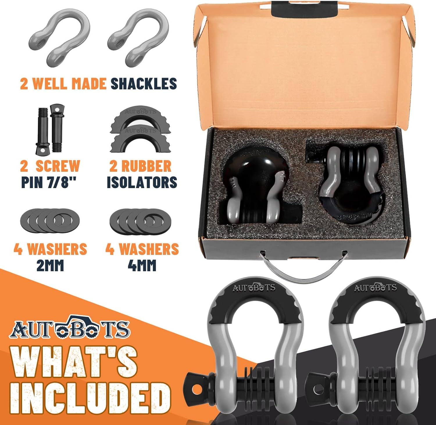 Bow Shackles 3/4" D Ring Shackle (2 Pack), 48,000Ib Break Strength with 7/8" Pin, 2 Isolator and 4 Washers Kit for Offroad Vehicle Truck Recovery Gray - TechNova