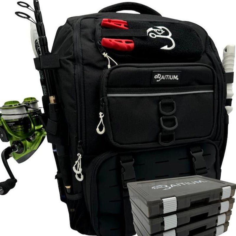 Baitium Fishing Tackle Backpack with Tackle Trays, Rod Holders, and Cooler Pocket - TechNova
