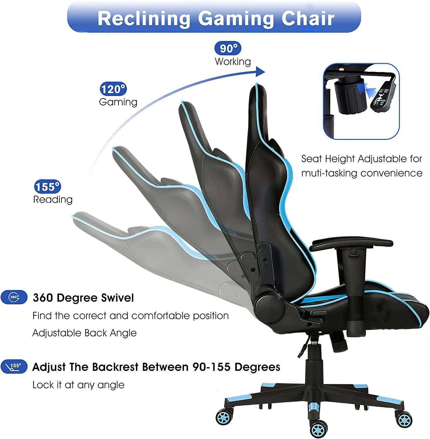 400 lb Ergonomic Gaming Chair with Lumbar Support, Reclining & Adjustable Armrest, Blue - TechNova