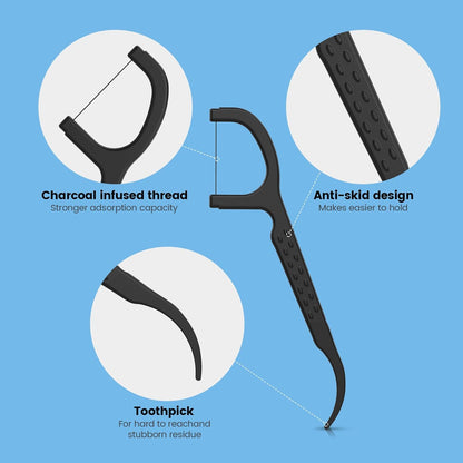 Natural Dental Floss Picks High Toughness Charcoal Toothpicks Sticks - Vegan,Eco - Friendly Sustainable Flossers for Teeth Cleaning (200 Count) - TechNova