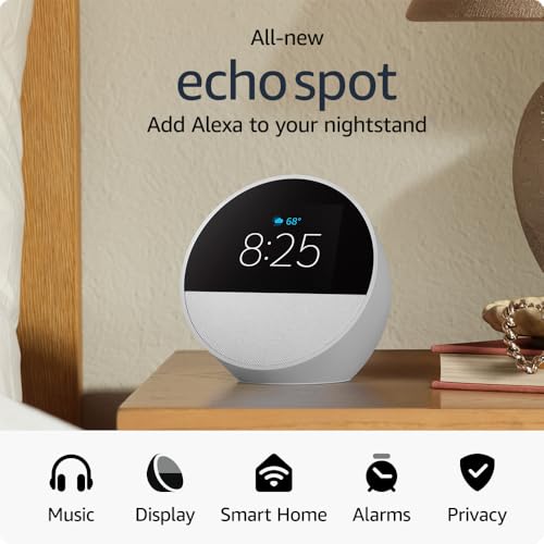 Amazon Echo Spot, Great for nightstands, offices and kitchens, Smart alarm clock with Alexa, Black - TechNova