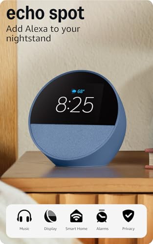 Amazon Echo Spot, Great for nightstands, offices and kitchens, Smart alarm clock with Alexa, Black - TechNova