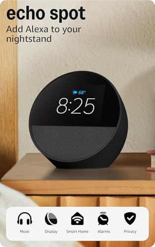 Amazon Echo Spot, Great for nightstands, offices and kitchens, Smart alarm clock with Alexa, Black - TechNova