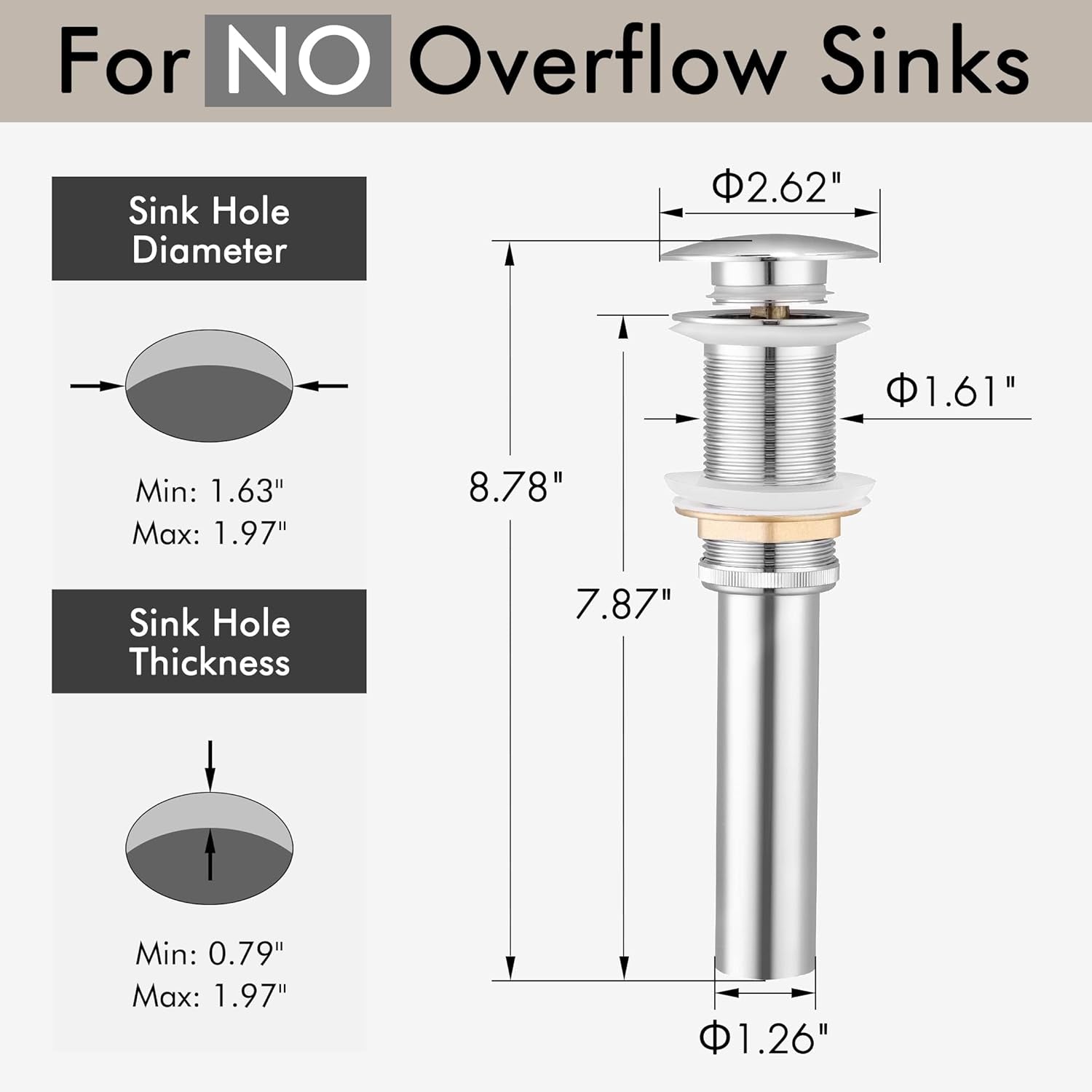 Chrome Pop-Up Vessel Sink Drain Stopper, Rustproof Brass/Stainless Steel S2008D-CH - TechNova