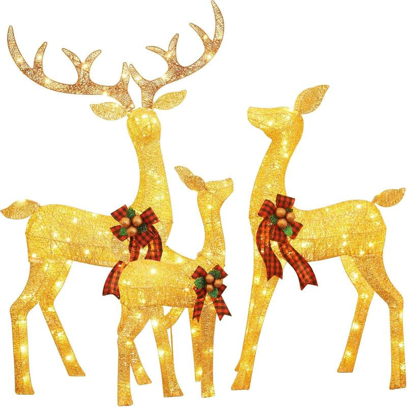 FOOWIN 3D Large Lighted Christmas Deer Family Set, 3-Piece 4.8Ft Pre-Lit Reindeer Outdoor Christmas Decoration with 210 LED Lights, Red Bows,Stakes, for Yard Patio Lawn Garden Courtyard