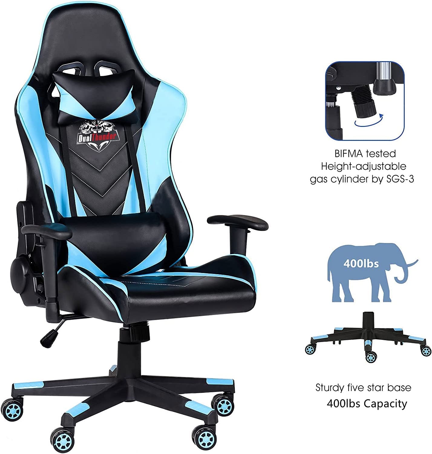 400 lb Ergonomic Gaming Chair with Lumbar Support, Reclining & Adjustable Armrest, Blue - TechNova
