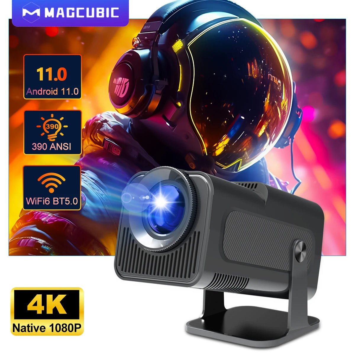 2025 4K Projector with Android 11, 1080p Resolution, Dual WiFi & Bluetooth - TechNova