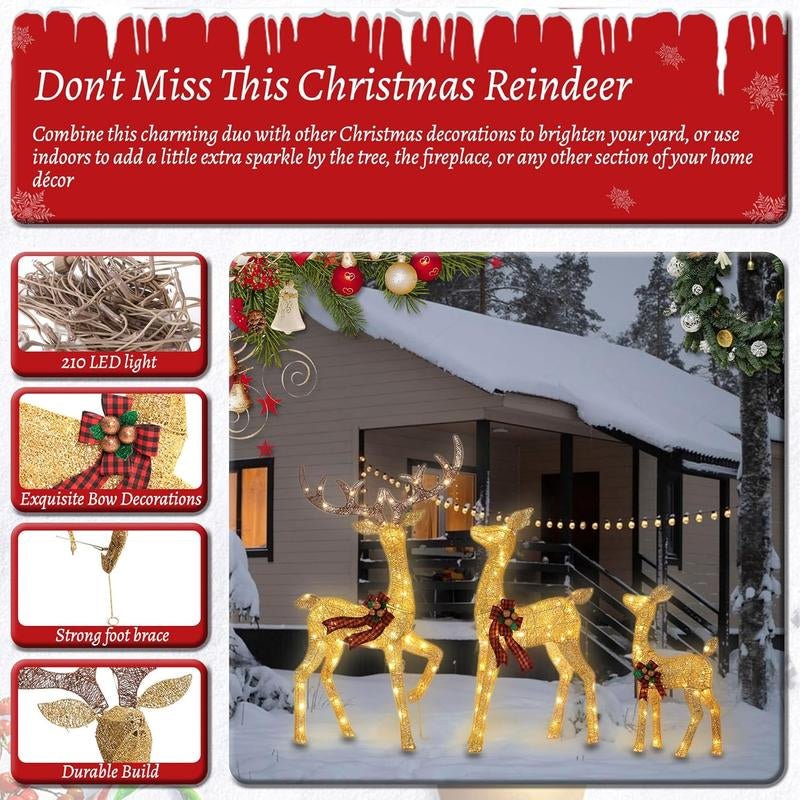FOOWIN 3D Large Lighted Christmas Reindeer Family Set - 3 - Piece 4.8Ft Pre - Lit Outdoor Decoration with 210 LED Lights and Red Bows for Yard, Patio, Lawn, and Garden - TechNova