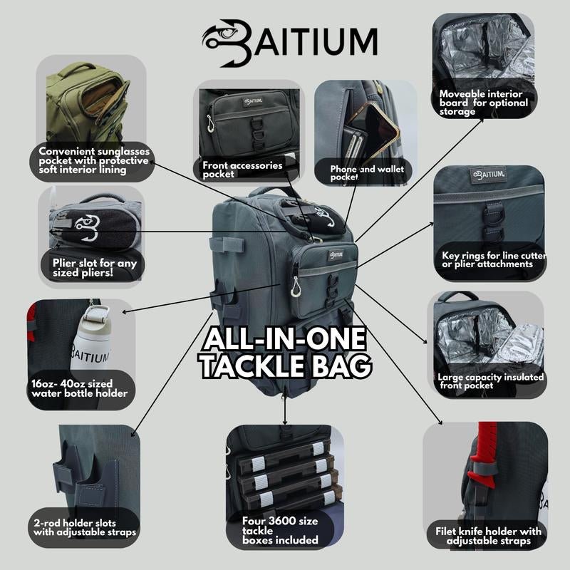 Baitium Fishing Tackle Backpack with Tackle Trays, Rod Holders, and Cooler Pocket - TechNova