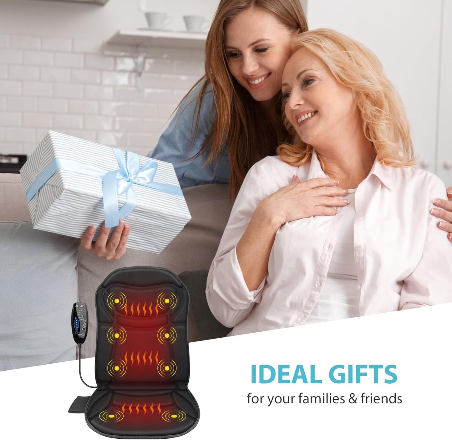 Heated Back Massager Chair Pad - 4 Vibrations, 2 Heat Levels, Pain Relief. Perfect Christmas Gift! - TechNova