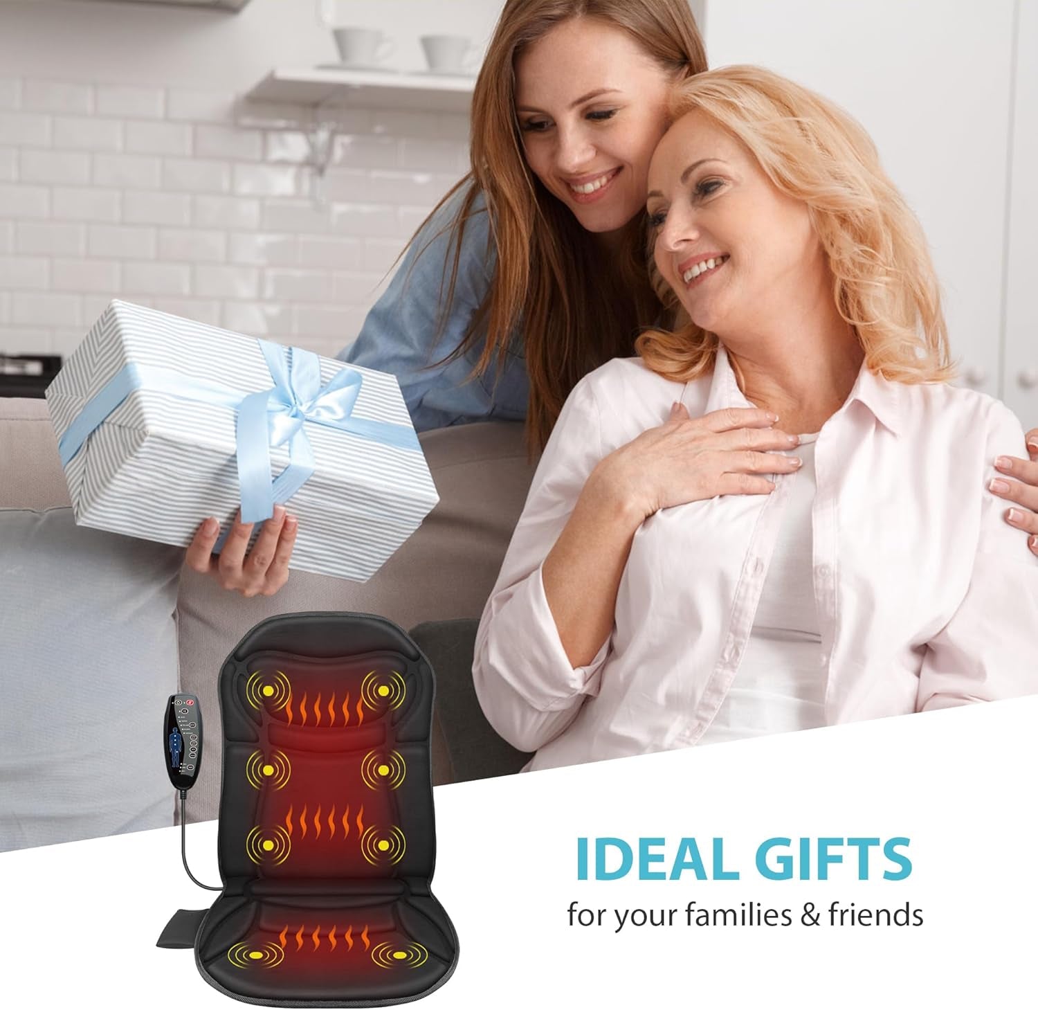 Heated Back Massager Chair Pad - 4 Vibrations, 2 Heat Levels, Pain Relief. Perfect Christmas Gift! - TechNova