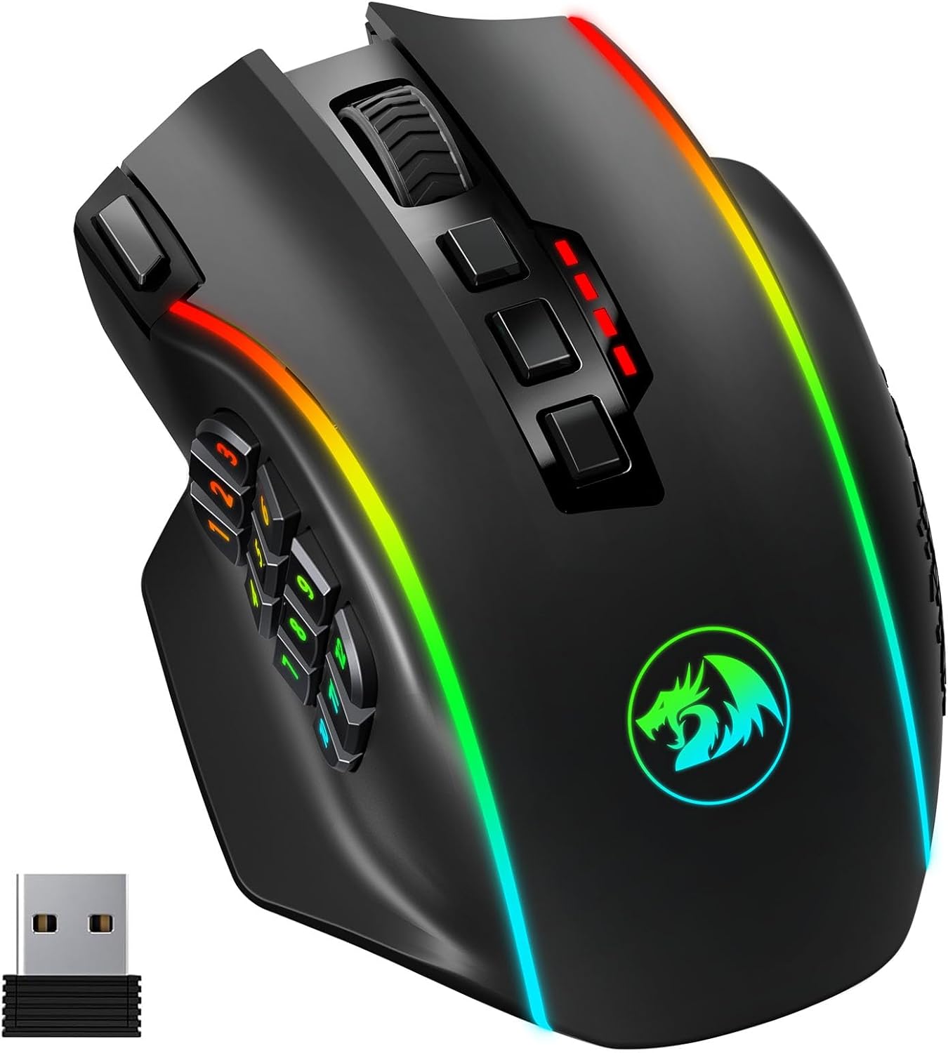 Redragon Wireless Gaming Mouse, MMO Gaming Mouse UP 16,000 DPI, 16 Macro Programmable Buttons, RGB Rechargeable with 12 Side Buttons, 70Hrs for PC Laptop MOBA FPS, M901P - KS - TechNova