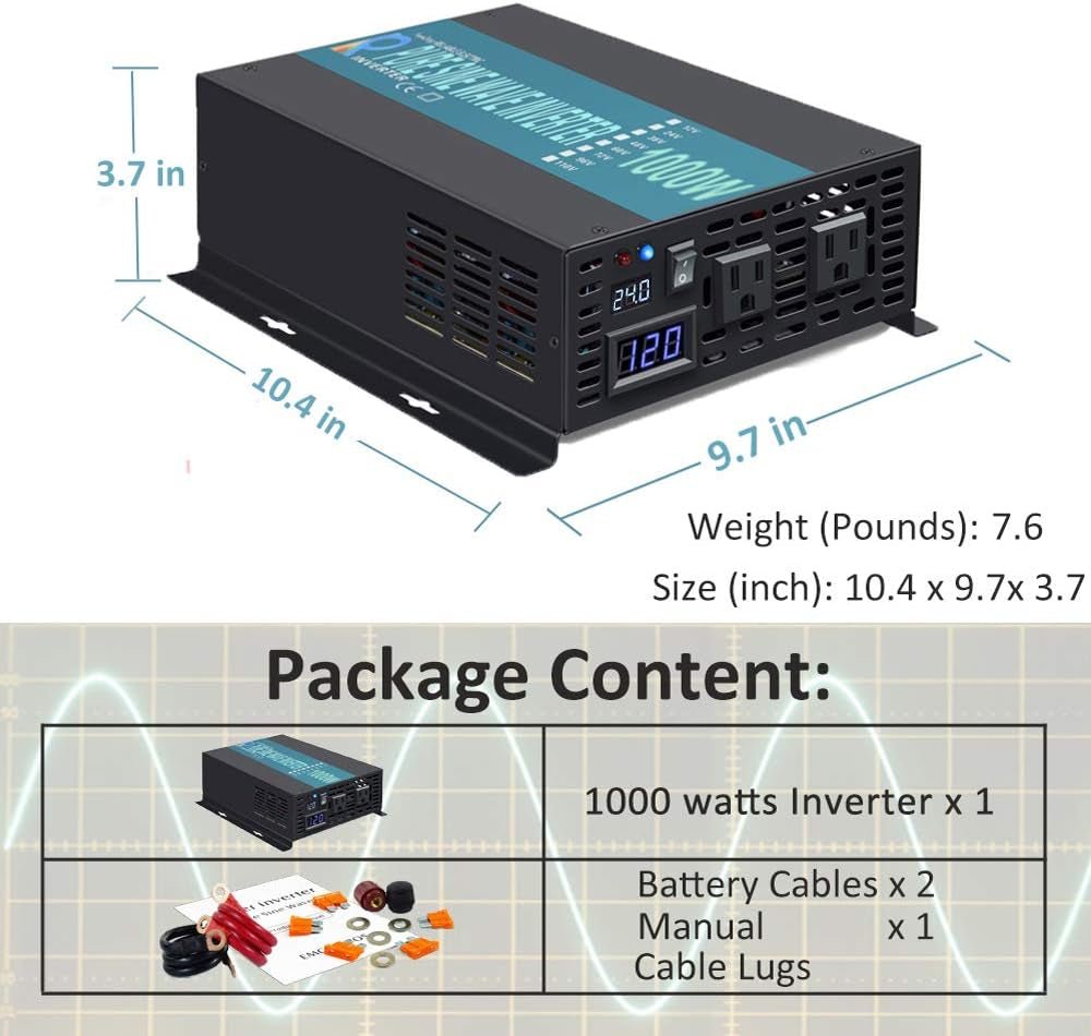 1000W Pure Sine Wave Solar Power Inverter 24V 120V 60Hz Power Converter LED Display DC to AC Power Generator with Wireless 100Ft Remote Controller - TechNova