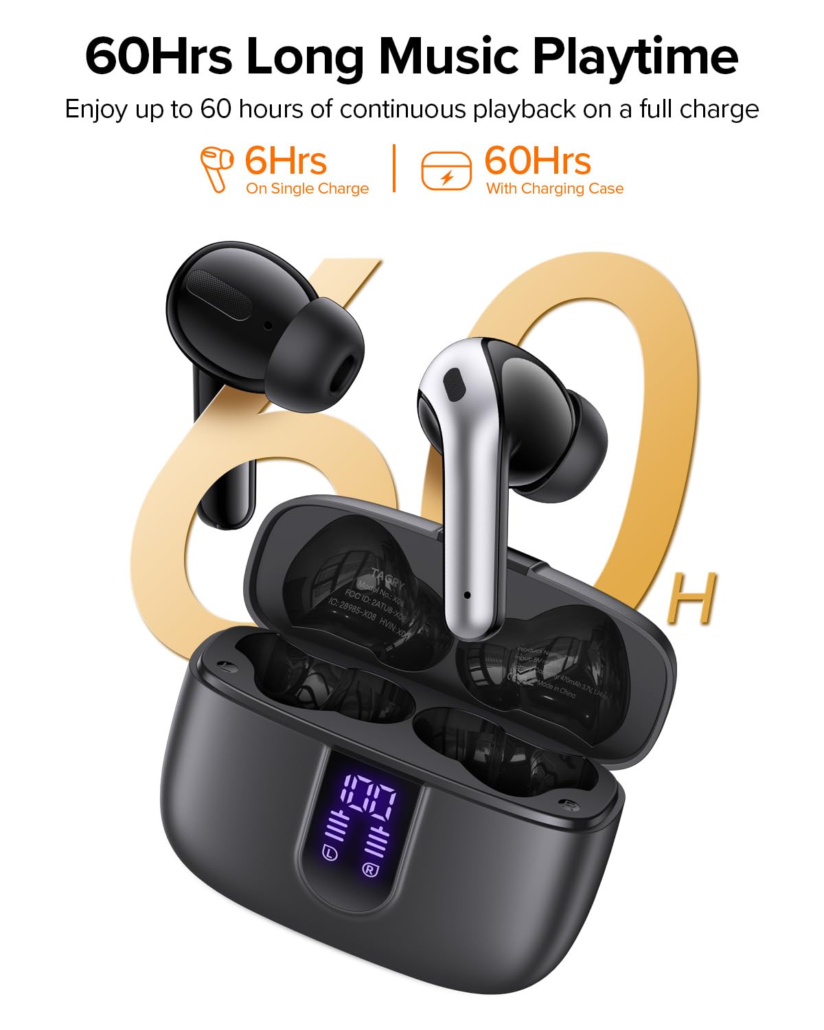 TAGRY Bluetooth Headphones True Wireless Earbuds 60H Playback LED Power Display Earphones with Wireless Charging Case IPX5 Waterproof in - Ear Ear buds with Mic for TV Smart Phone Laptop Computer Sports - TechNova