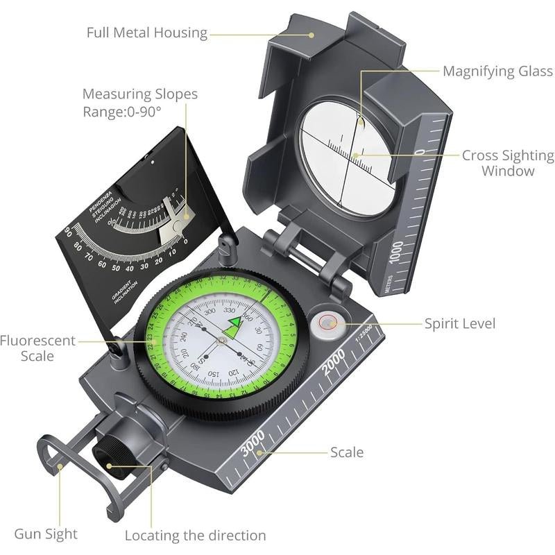 Military Compass with Carry Bag Inclinometer Multifunctional Sighting Compass Waterproof Survival Compass High Accuracy for Navigation Camping Hiking Backpacking Outdoor Activities - TechNova