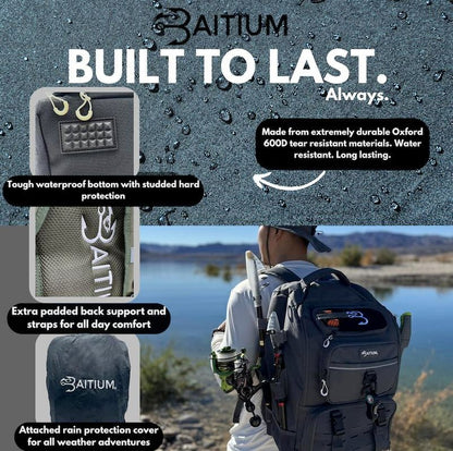 Baitium Fishing Tackle Backpack with Tackle Trays, Rod Holders, and Cooler Pocket - TechNova