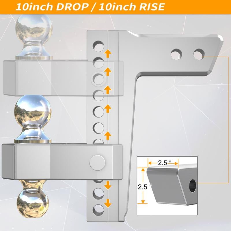 LOCAME Adjustable Trailer Hitch, Fits 2.5 - Inch Receiver Only, 10 - Inch Drop/Rise Aluminum Drop Hitch,18,500 LBS Gtw - Tow Hitch for Heavy Duty Truck with Double Stainless Steel Locks, Silver, LC0009 - TechNova