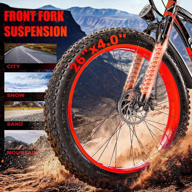 EOEOTWO 1500W Peak Motor Electric Bicycle, with Front Suspension Design, 48V 15AH Electric Mountain Bike, 26"X 4.0 Inch Tires, Maximum Speed up to 30+ Miles per Hour, Range of 70 Miles, Suitable for Snow, Mountain and Road Riding, Electric Bicycle. - TechNova