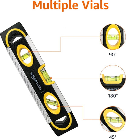 9 - Inch Magnetic Torpedo Level and Ruler, 180/90/45 Degree Bubbles, Black - TechNova