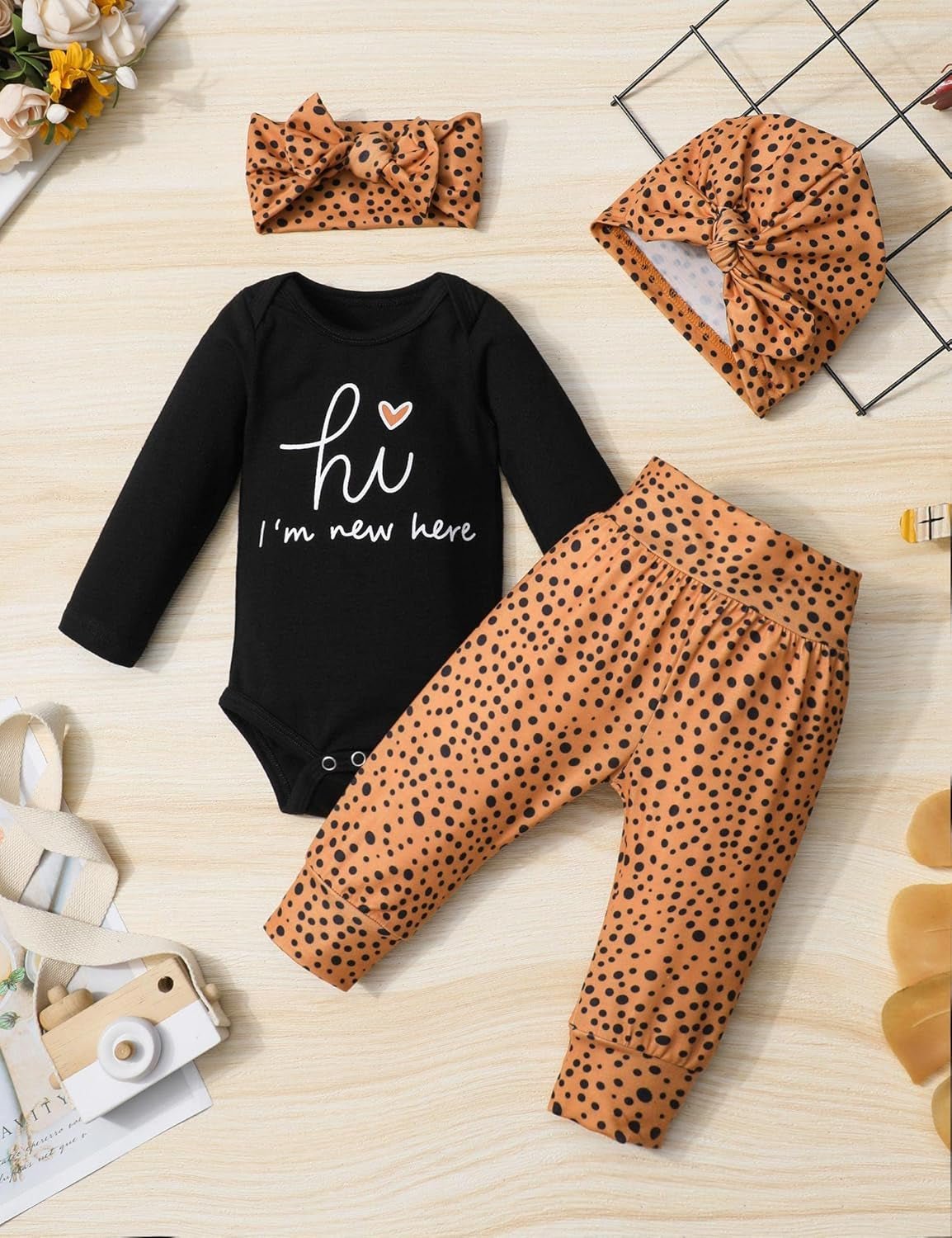 Newborn Baby Girl Clothes Hi I'M New Here Newborn Outfit Infant Romper Floral Pants Cute Baby Girl Outfits 4PC Set - TechNova