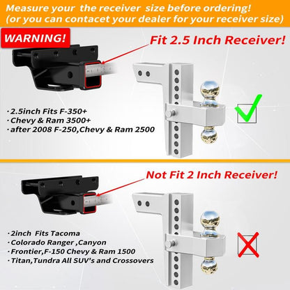 LOCAME Adjustable Trailer Hitch, Fits 2.5 - Inch Receiver Only, 10 - Inch Drop/Rise Aluminum Drop Hitch,18,500 LBS Gtw - Tow Hitch for Heavy Duty Truck with Double Stainless Steel Locks, Silver, LC0009 - TechNova