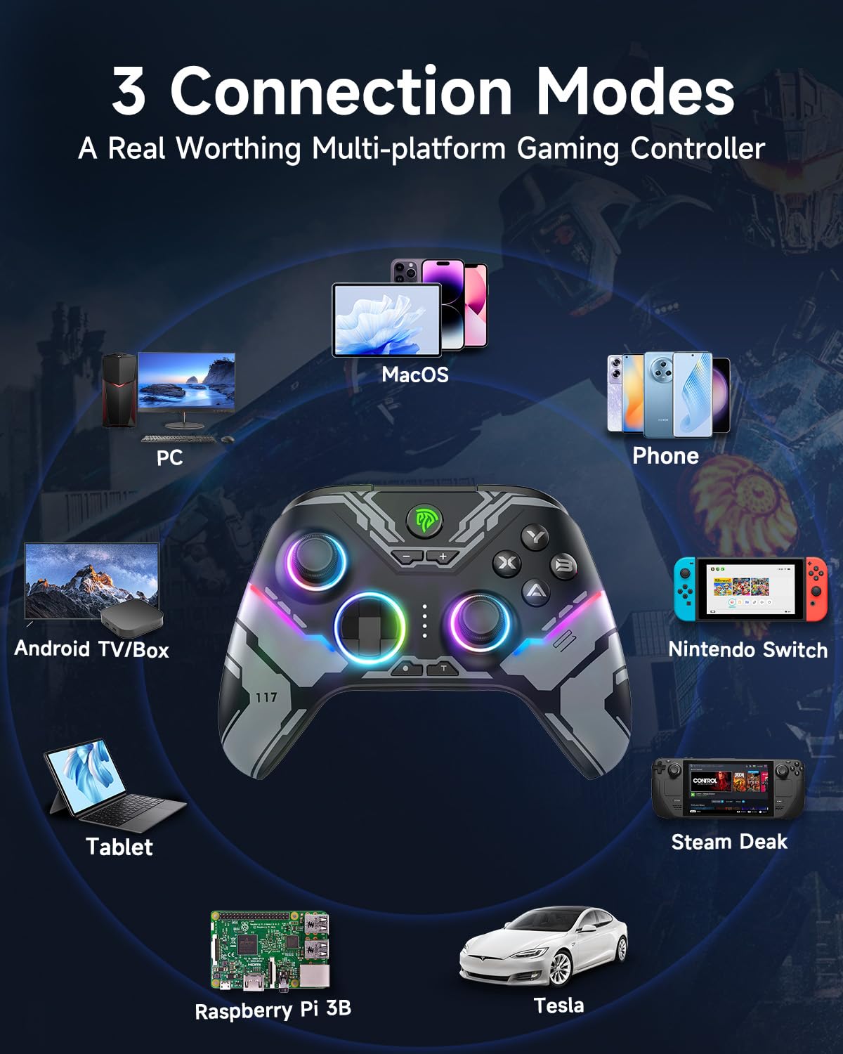 EasySMX X15 PC Controller - Enhanced Wireless Bluetooth Controller with Hall Joysticks/Hall Triggers/RGB Lighting - No Stick Drift, No Dead Zone - Work for Windows PC, Android, Steam and Switch - TechNova