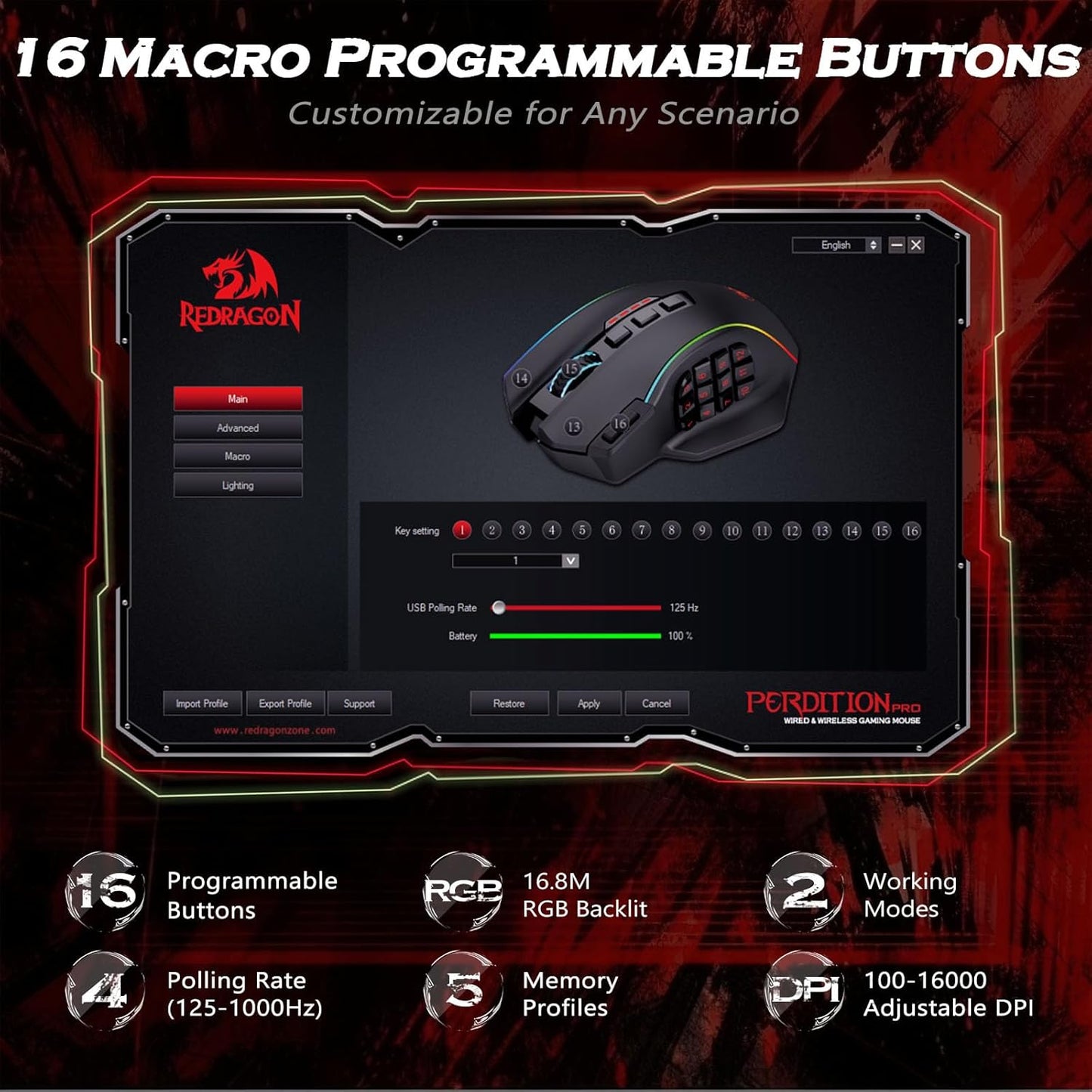 Redragon Wireless Gaming Mouse, MMO Gaming Mouse UP 16,000 DPI, 16 Macro Programmable Buttons, RGB Rechargeable with 12 Side Buttons, 70Hrs for PC Laptop MOBA FPS, M901P - KS - TechNova